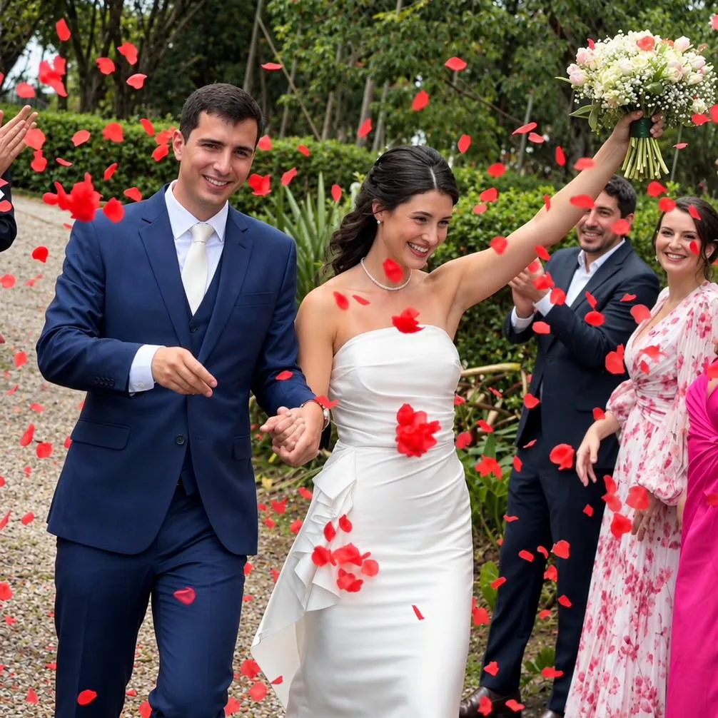 Casal de noivos saindo da cerimônia