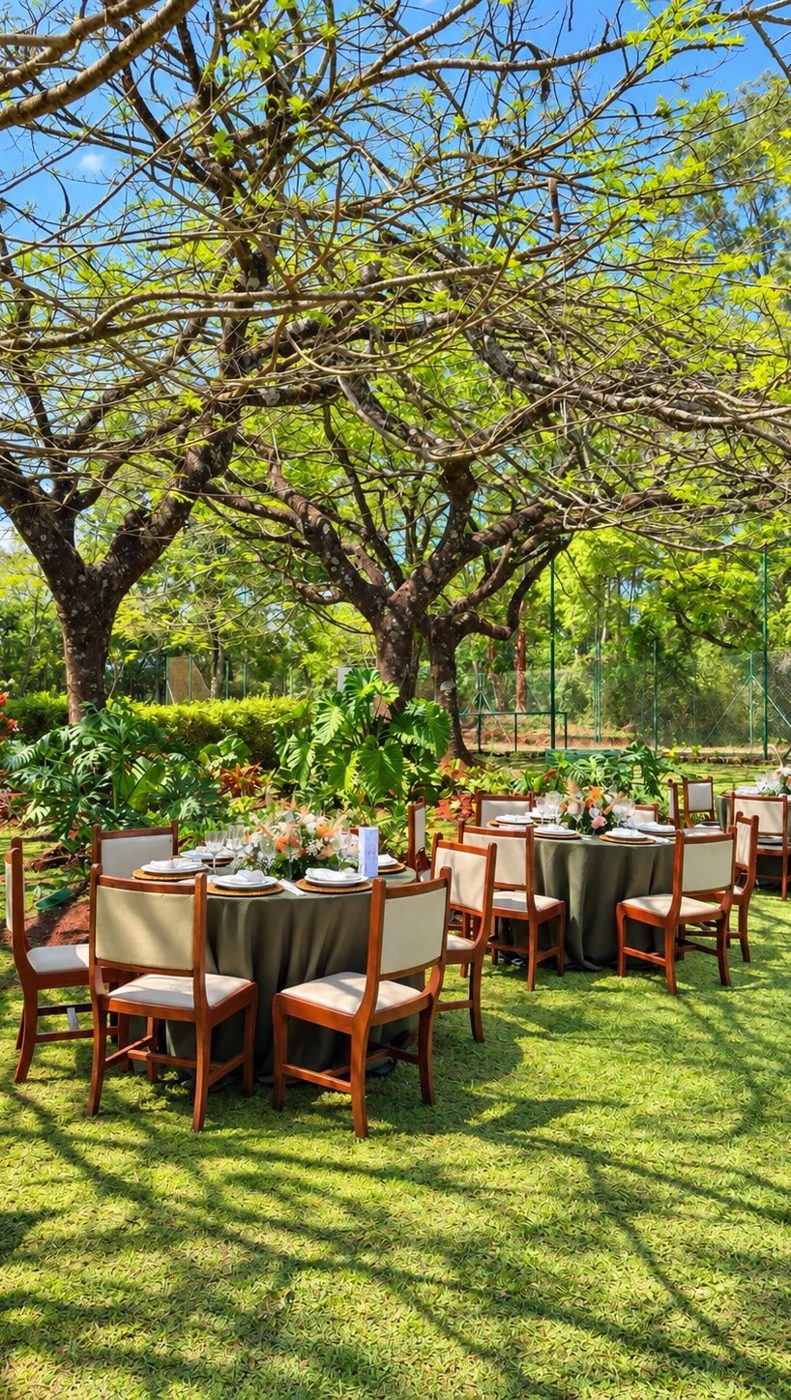 Mesas montadas ao ar livre em um jardim