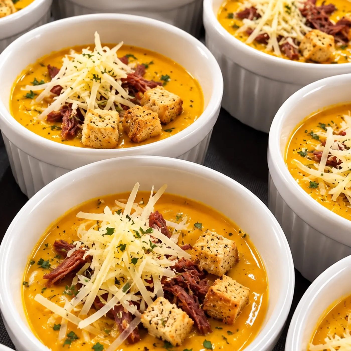 Sopa em copinhos com queijo e crouton